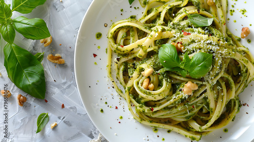 Pasta with pesto sauce, fresh basil and nuts on white plate