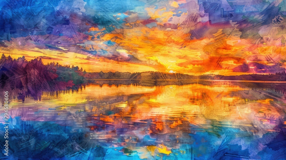 A painting of a sunset over a lake with a reflection of the sun in the water