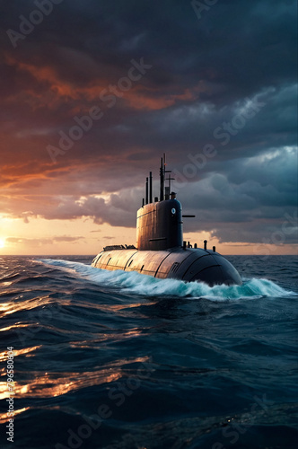 Scenery of heavy nuclear submarine floating in vast ocean at sunset sky. Sub in rough water, military control of sea. Protection of water state borders. Naval forces army concept. Copy ad text space