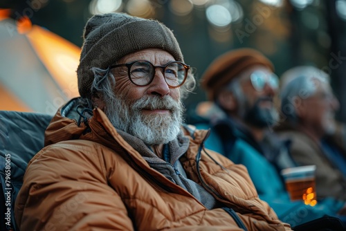 Elderly man with glasses and beanie enjoying a camping trip, showcasing adventure and wisdom in his gaze © Larisa AI