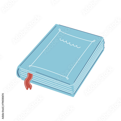 Hand drawn blue book with red bookmark. Flat cartoon vector decorative element isolated on a white background