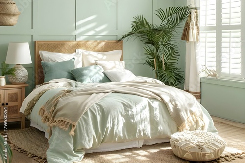 Coastalthemed bedroom with light green walls neutral bedding and woven rug. Concept Home Decor  Coastal Theme  Light Green Walls  Neutral Bedding  Woven Rug