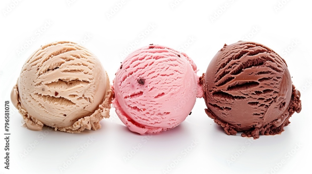 Three scoops of ice cream in different flavors isolated on white background Three scoops of ice cream in different flavors isolated on white background