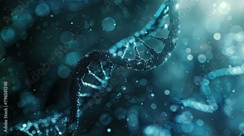 A blue and white DNA strand with a lot of blurs and dots