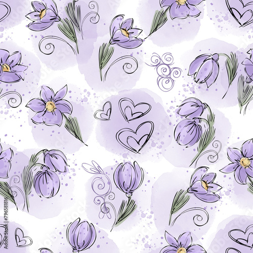 Seamless pattern for fabric, packaging with snowdrops. The spring pattern is seamless for design, textiles. Snowdrops, crocuses in the form of a stylish pattern in watercolor and ink photo