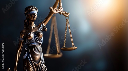 Statue of justice with closed eyes themis holds in her hands the metal scales of justice with copyspace