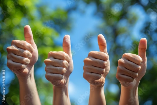 Six multi-ethnic hands raised with thumbs up against a clear blue sky, symbolizing success, approval, and positive feedback © Larisa AI