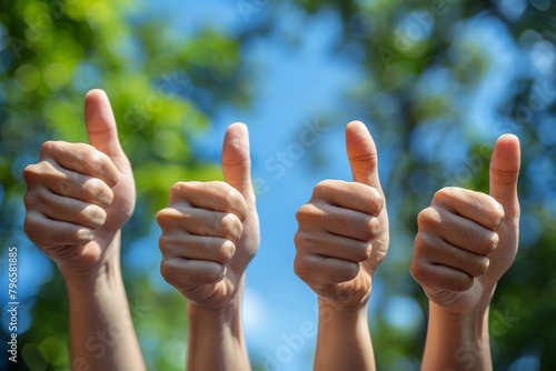 Six multi-ethnic hands raised with thumbs up against a clear blue sky, symbolizing success, approval, and positive feedback