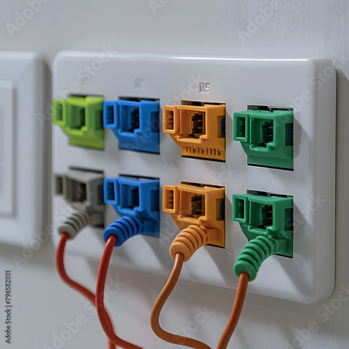 Close-up View of a Wired RJ45 Wall Socket - Visual Guide for Ethernet Cable Connection