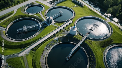 Aerial view of a modern wastewater treatment plant with circular tanks and lush green areas.