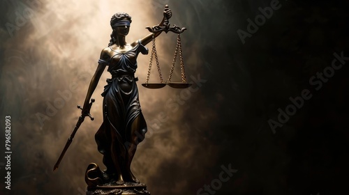 Statue of justice with closed eyes themis holds in her hands the metal scales of justice with copyspace