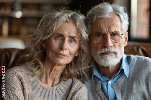 An elderly couple with serious expressions sitting together, showcasing concern and contemplation