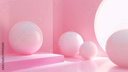 A room with a pink wall and a white ball on a pedestal