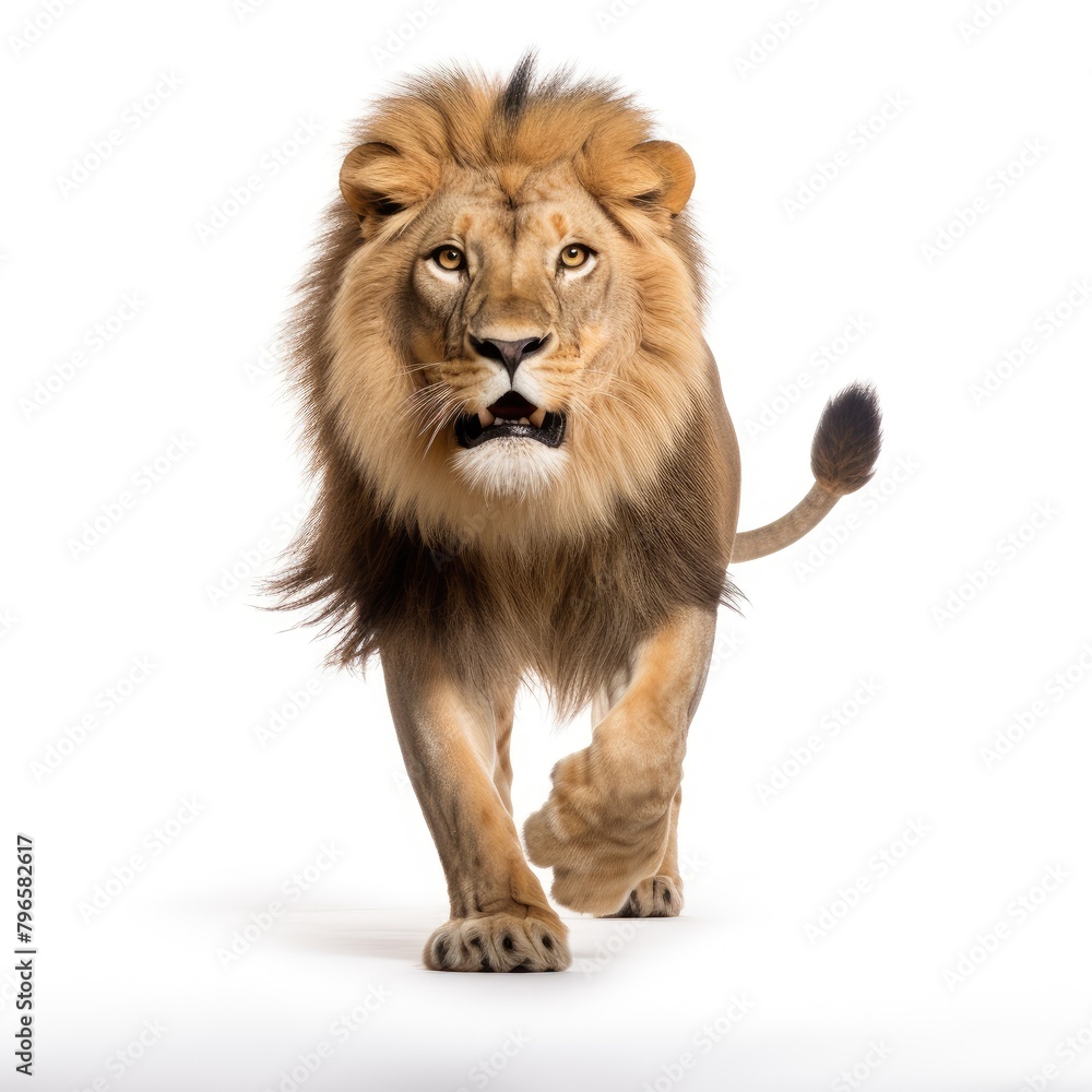 Jumping lion isolated on white background, Male adult lion