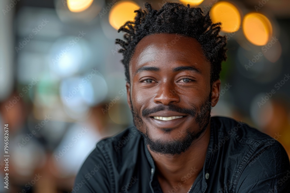 A cheerful man with unique twisted hair and a warm smile photographed with a blurred background A cheerful man with unique twisted hair and a warm smile photographed with a blurred background