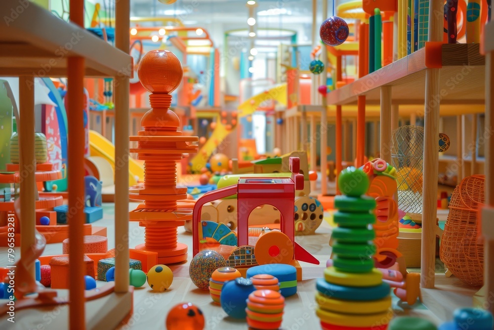 Vibrant assortment of colorful toys making dynamic play area look inviting and fun