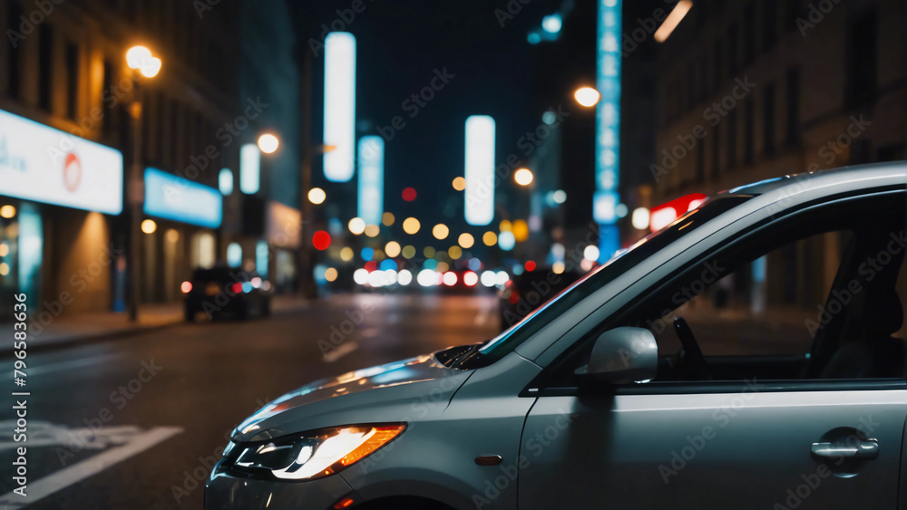Fototapeta premium road with cars in a night city, car at an intersection, lights, shopping center, evening, street, roadway, speed, taxi, highway, transport, auto
