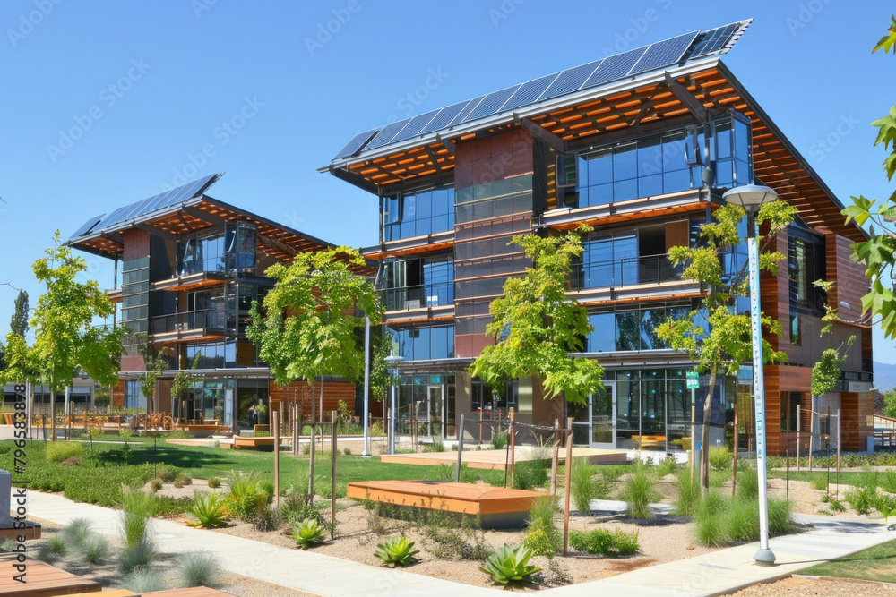 Modern sustainable architecture with solar panels on a building surrounded by greenery