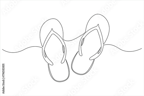Beach slippers continuous one line drawing of outline footwear vector