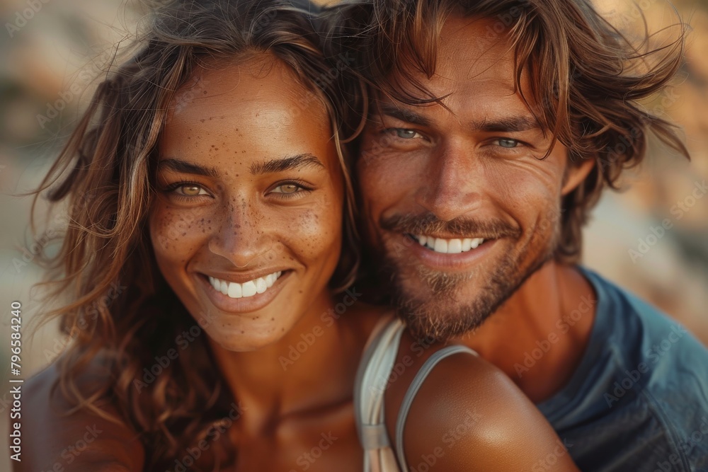A smiling couple with freckles showing affection, both wearing sunglasses in natural light A smiling couple with freckles showing affection, both wearing sunglasses in natural light