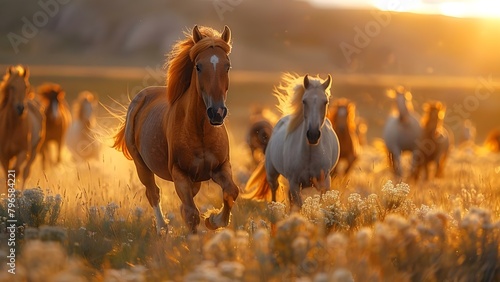 Wild horses run freely through blooming meadows and sunlit mountain landscapes. Concept Nature, Wildlife, Horses, Meadows, Mountains photo