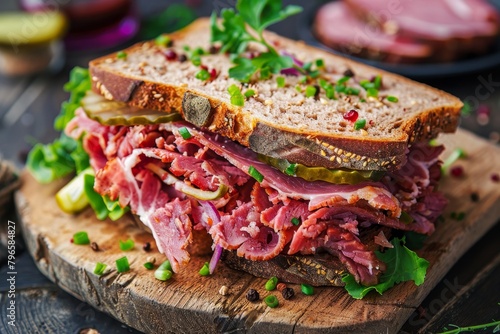 Delicious pastrami sandwich on wholegrain bread with fresh salad and pickle served on wooden board photo