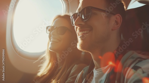 Happy couple of tourists traveling together on an airplane next to a window seat