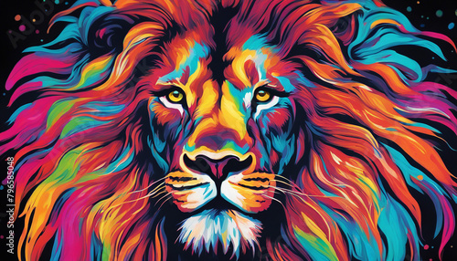 Colorful psychedelic neon painting of a lion  black background wallpaper