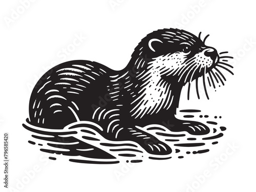 Otter.  Old vintage engraving illustration. Hand drawn outline graphic. Logo, emblem, icon. Isolated object, cut out. black and white	