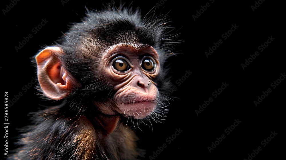 Endearing Young Monkey Portrait on Black Background. Expressive Primate Face. Wildlife Photography Captured in Studio Lighting. Exotic Mammal with Human-like Expressions. AI Endearing Young Monkey Portrait on Black Background. Expressive Primate Face. Wildlife Photography Captured in Studio Lighting. Exotic Mammal with Human-like Expressions. AI