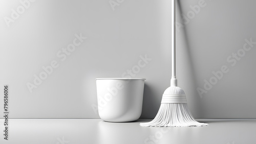 A white bucket and a white mop are on a white wall photo