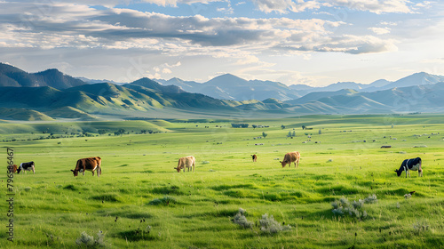  cows grazing in a vast green meadow