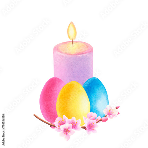 Burning purple candle with Easter eggs, branch sakura, peach, apple flowers on a white background. Hand drawn watercolor illustration. For design, cards, invitations, congratulations, packaging