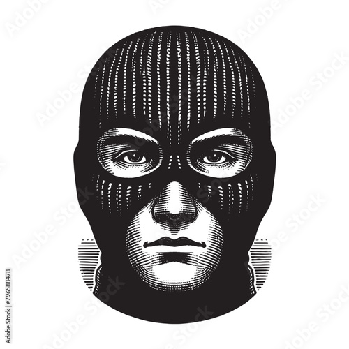 Robber. A man's face in a mask. Wanted. Criminal. Vintage retro engraving illustration. Black icon, isolated element	