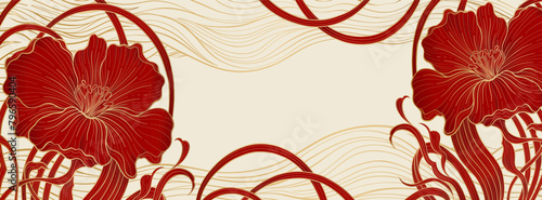 Elegant prestigious Art Deco background template with flowers. The design luxury is made for Art Deco motif with red and gold colors.