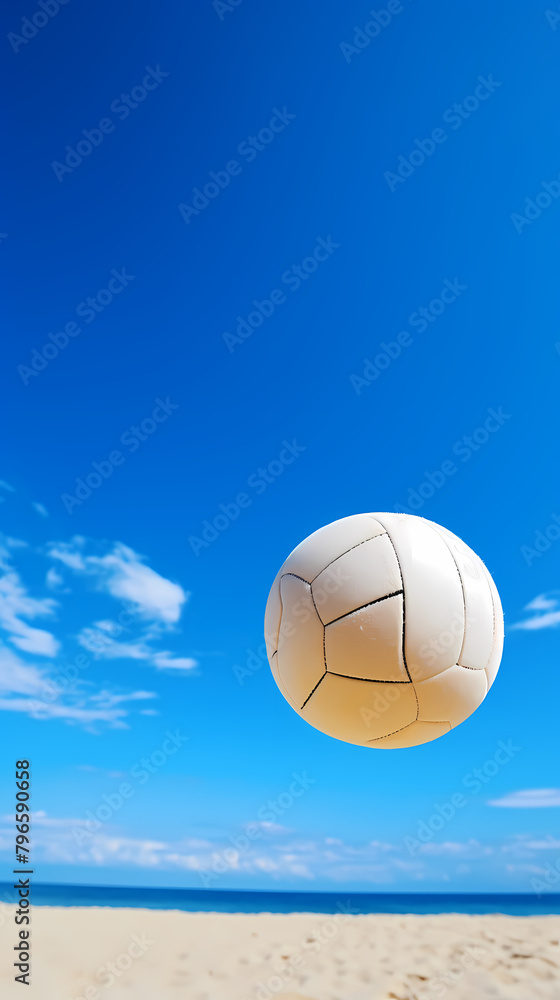 Volleyball flies over beach volleyball under blue sky and sunshine