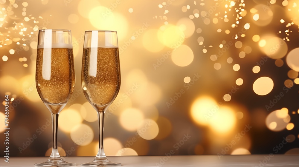 Champagne for festive cheers with gold sparkling bokeh background. Glasses of sparkling wine in front of tender bright gold bokeh. Horizontal background for celebrations and invitation cards space. Champagne for festive cheers with gold sparkling bokeh background. Glasses of sparkling wine in front of tender bright gold bokeh. Horizontal background for celebrations and invitation cards space.