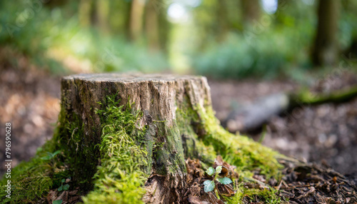 Close-up of tree stump with green moss in woodland. Beautiful forest.