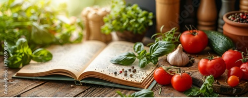 A rustic kitchen setting with a wooden cutting board, vegetables, and a recipe book open, symbolizing cooking education, space for text photo