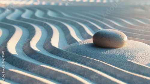 A simple  elegant image of a Zen sand garden with raked lines and a single stone  emphasizing tranquility  text space