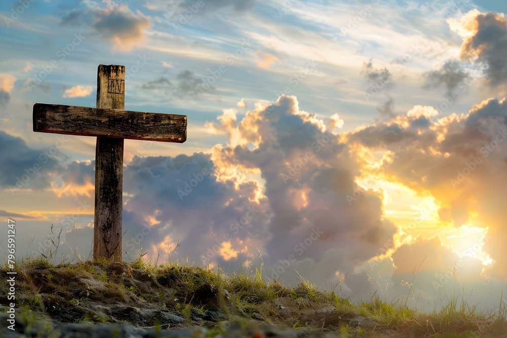 Symbol of Christianity: Old wooden cross on hill at sunset against cloudy sky. Concept Religious Symbolism, Sunrise Photography, Christian Faith, Spiritual Inspiration, Dramatic Landscapes Symbol of Christianity: Old wooden cross on hill at sunset against cloudy sky. Concept Religious Symbolism, Sunrise Photography, Christian Faith, Spiritual Inspiration, Dramatic Landscapes