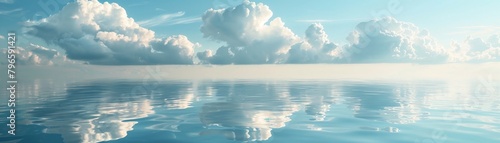 A symbolic representation of a calm pond surface  reflecting clouds above  minimalist style  space for relaxation techniques text