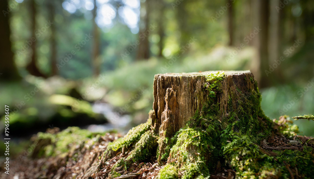 Close-up of tree stump with green moss in woodland. Beautiful forest.