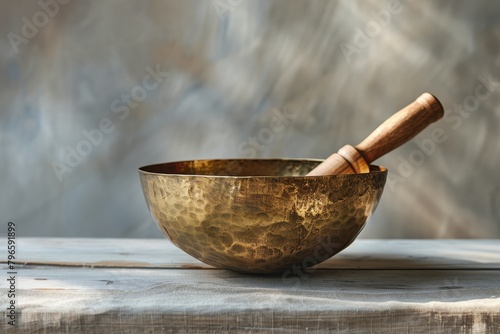 Close-up of a gong or singing bowl with a soft mallet, set in a minimalist setting, space for sound therapy text