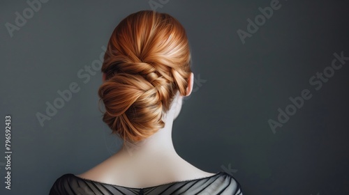 Elegant woman seen from behind showcasing a stylish braided hairstyle against a dark background. © Natalia