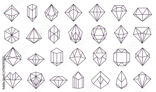Diamond shapes set. Diamonds gems, luxury jewel gemstones. Crystal gemstone. Line icon set