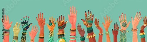 Illustration of hands of various sizes and shapes, each decorated with different styles of jewelry, celebrating diversity, space for text