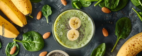 Minimalist image of a smoothie glass surrounded by its ingredients: spinach, banana, and almond milk, space for text