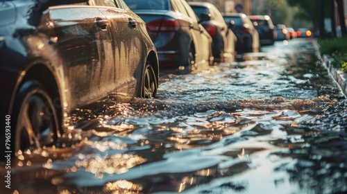 A row of cars are parked on a flooded street photo