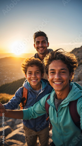 portrait of happy family of hikers taking selfie photo on top of mountain, travelers with backpack smiling together at camera